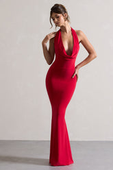 Red Backless Cowl Neck Fishtail Maxi Dress